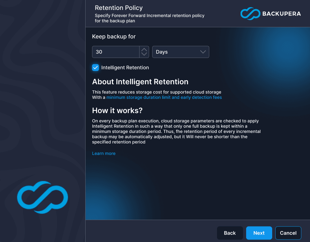 Retention settings screen